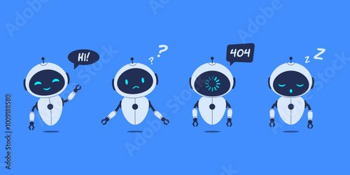 Set of different robots on blue background. Vector illustration for AI concepts, technology designs, and futuristic projects