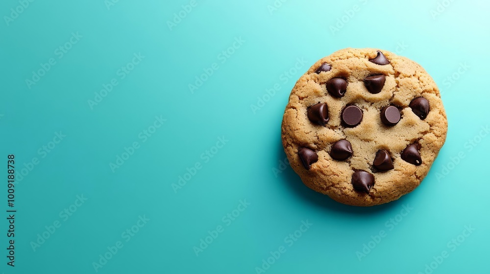 Delicious chocolate chip cookie on a vibrant turquoise background, perfect for food blogs and culinary projects. Delicious chocolate chip cookie on a vibrant turquoise background, perfect for food blogs and culinary projects.