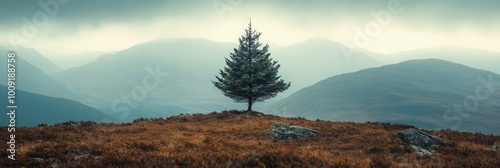Lone Pine on a Hill with Blurred Mountains, a solitary pine tree atop a hill, sharp textures against softly fading mountain backdrop