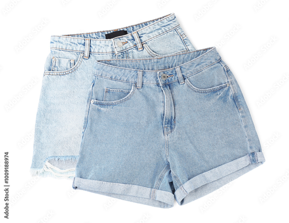 Stylish light blue denim shorts isolated on white, top view Stylish light blue denim shorts isolated on white, top view