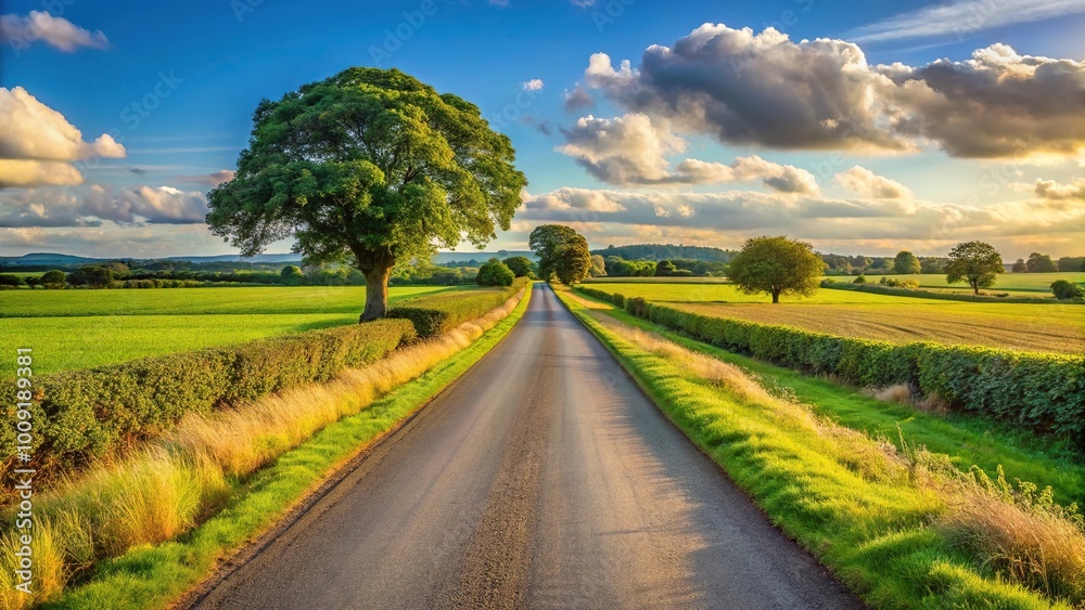 Obraz premium Empty countryside road through fields in Tarvin, Cheshire, England