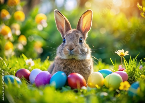 Cute and Playful Easter Bunny Surrounded by Colorful Eggs in a Bright Spring Garden Setting