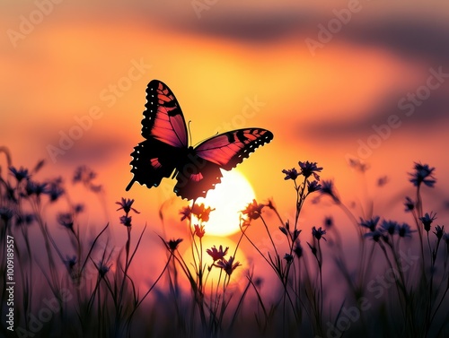 Silhouette of a butterfly against the sunset.