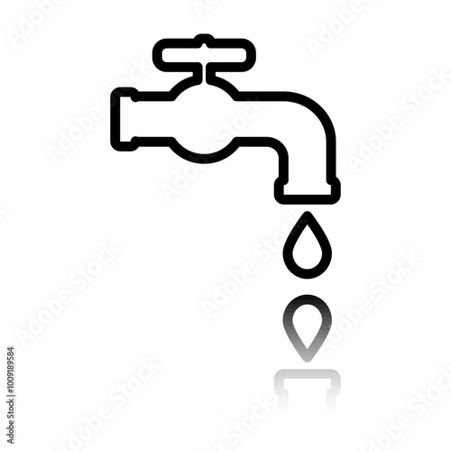 Water tap simple icon. Flat design. Black icon with mirror reflection. White background