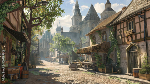 Fototapeta Naklejka Na Ścianę i Meble -  fantasy medieval city street with old wooden buildings on cobbled streets