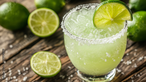 A refreshing Margarita in a classic wide-rimmed glass with a salt-crusted edge