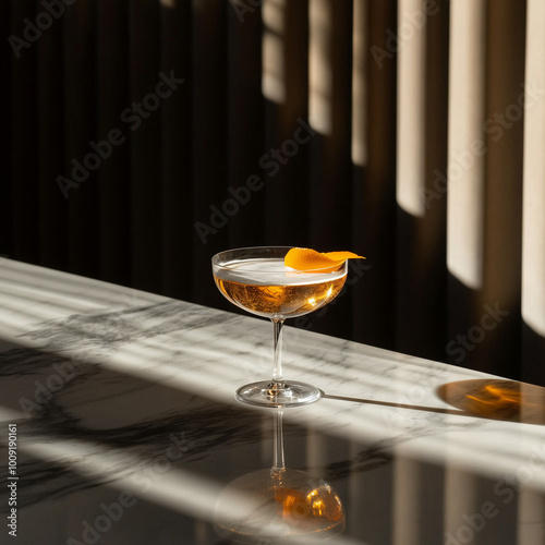 A sophisticated bar setting with a Paper Plane cocktail in a coupe glass
