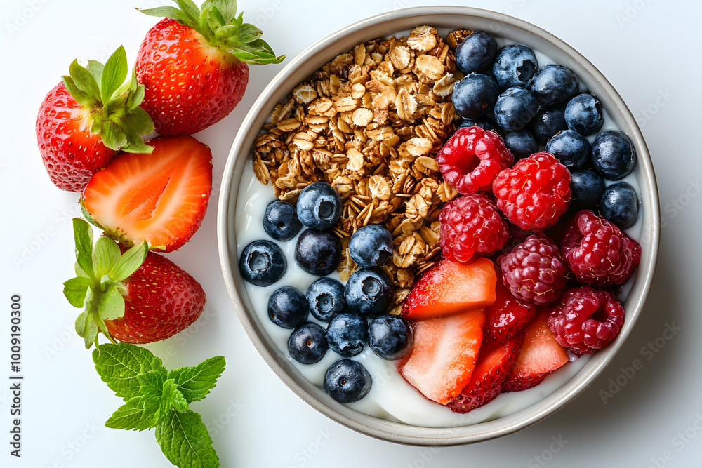 Top view plate of healthy breakfast with granola, greek yogurt, fruits and berry on white background Top view plate of healthy breakfast with granola, greek yogurt, fruits and berry on white background