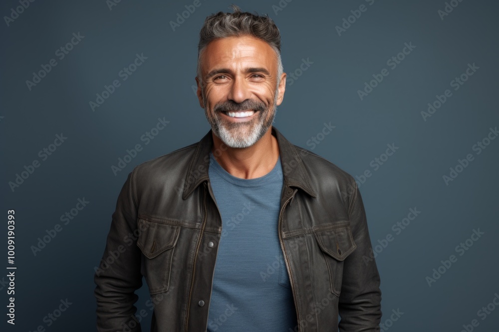 Fototapeta premium Portrait of a happy man in his 50s sporting a rugged denim jacket in front of modern minimalist interior