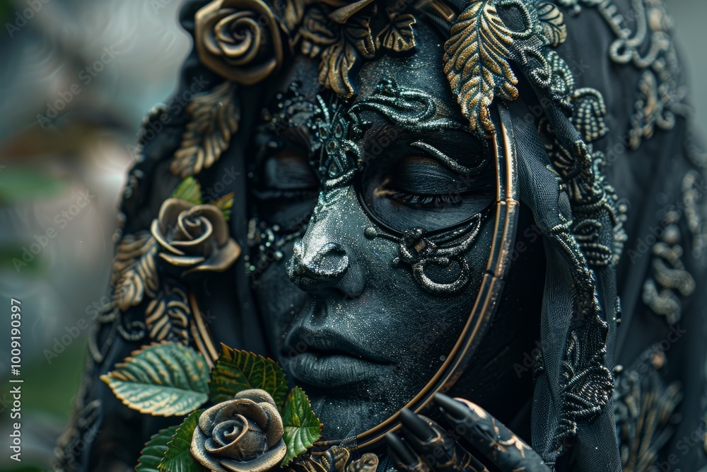Hindu goddess Durga. The goddess of love and beauty depicted with a mirror and a rose embodying grace and allure Hindu goddess Durga. The goddess of love and beauty depicted with a mirror and a rose embodying grace and allure