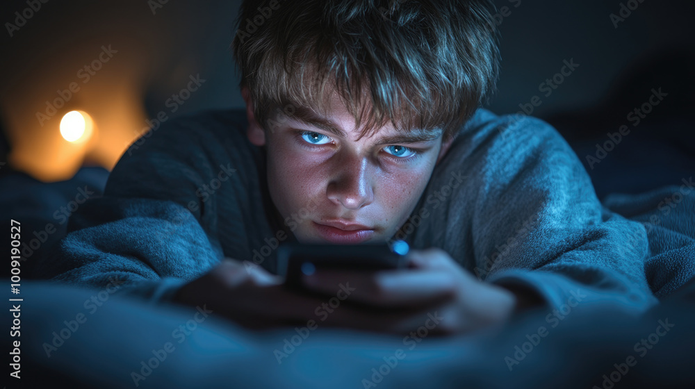 Obraz premium A young boy lies on his stomach in bed, deeply absorbed in his smartphone while soft light creates a cozy ambiance around him