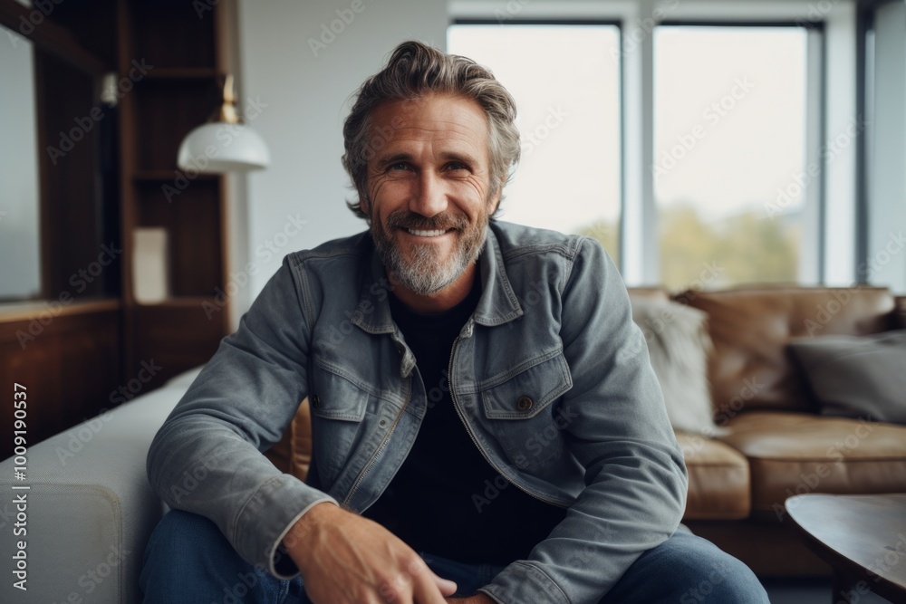Portrait of a happy man in his 50s sporting a rugged denim jacket while standing against modern minimalist interior Portrait of a happy man in his 50s sporting a rugged denim jacket while standing against modern minimalist interior