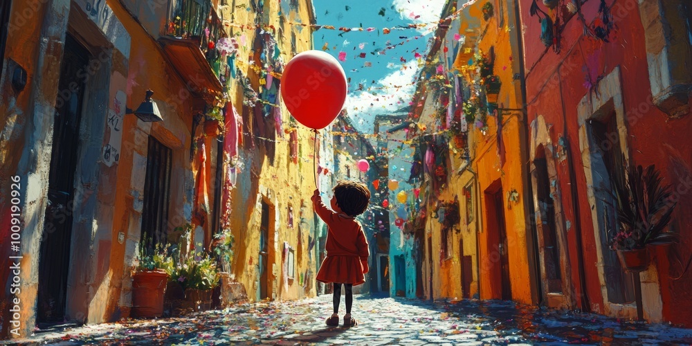 Masked child with a balloon in a vibrant alley adorned with confetti and festive decorations, evoking joy and whimsy. Masked child with a balloon in a vibrant alley adorned with confetti and festive decorations, evoking joy and whimsy.