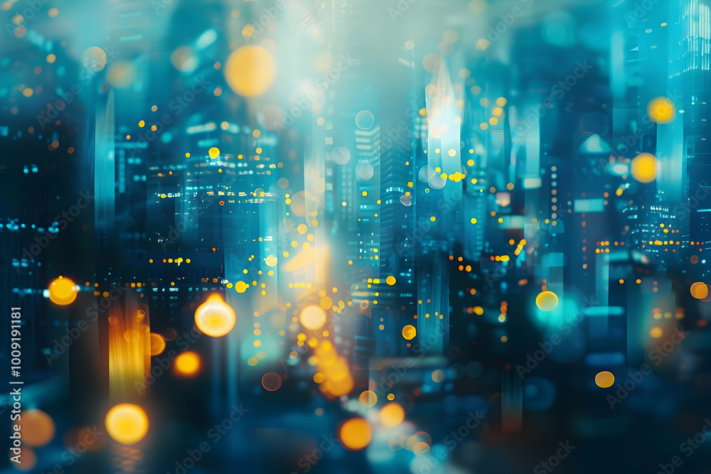 Blurred city lights at night with a soft blue and yellow color palette. Blurred city lights at night with a soft blue and yellow color palette.