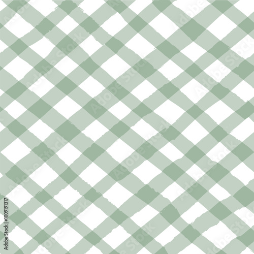 Vector seamless repeat pattern with muted sage green bias gingham check plaid with grunge torn edges. Farmhouse, cottagecore, beige mom projects, farmers market, organic baby products. 