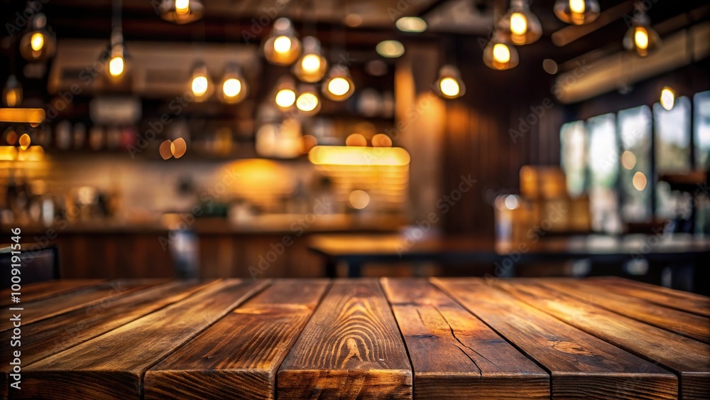 Empty dark wooden tabletop with blurry cafe background Empty dark wooden tabletop with blurry cafe background