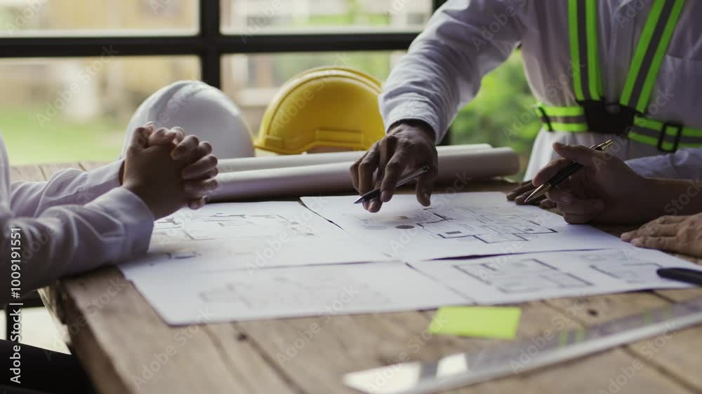 Blueprint Discussion Wideo Stock: Architects and engineers engage in discussion over ...