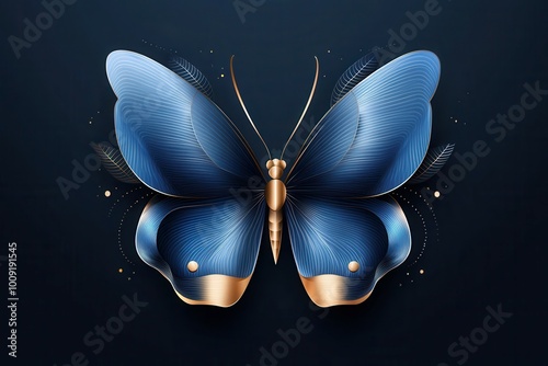 A blue and gold butterfly with intricate details against a dark blue background. photo