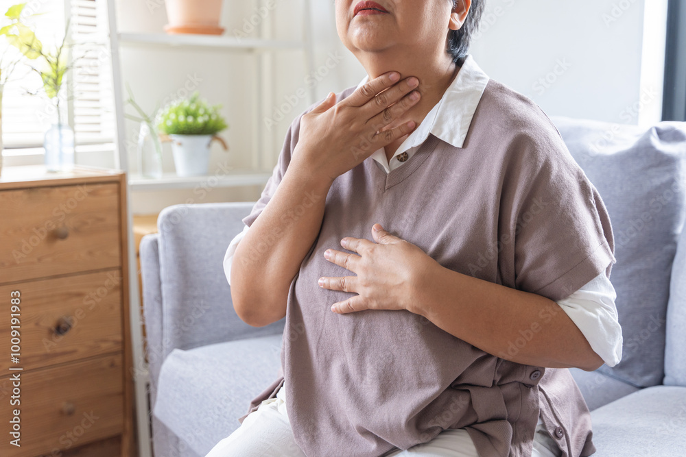Εκτύπωση καμβά Acid reflux disease, suffer asian aged woman have symptom gastroesophageal, esophageal, stomach ache and heartburn pain hand on chest from digestion problem after eat food, Healthcare medical concept