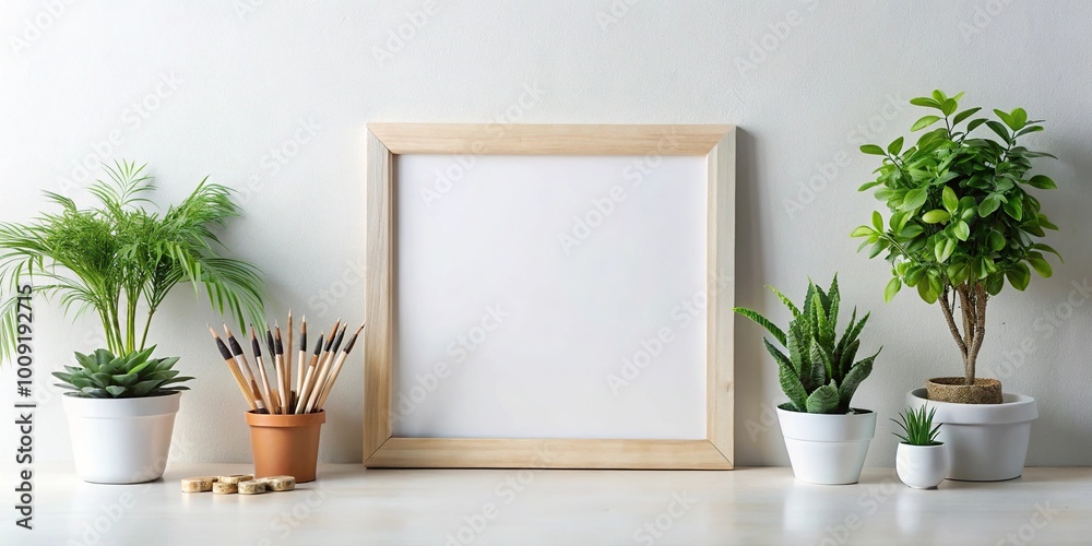 Empty frame with brushes and plants on white wall background Empty frame with brushes and plants on white wall background