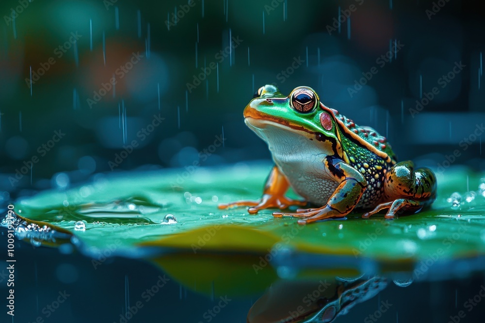 Colorful frog perched on a leaf in the rain Colorful frog perched on a leaf in the rain