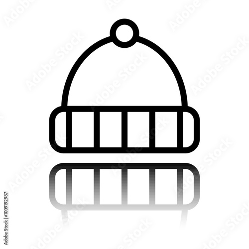 Winter hat simple icon. Flat design. Black icon with mirror reflection. White background