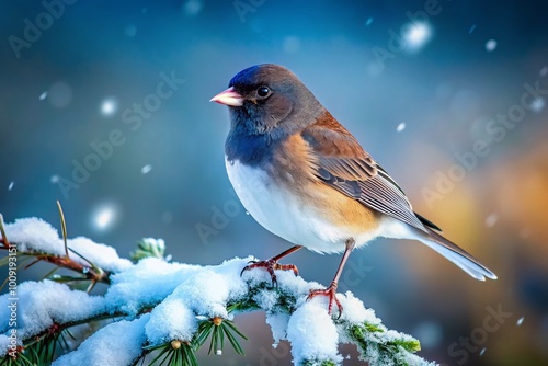 Dark-eyed Junco perched on a snow-covered branch in a serene winter landscape with soft lighting