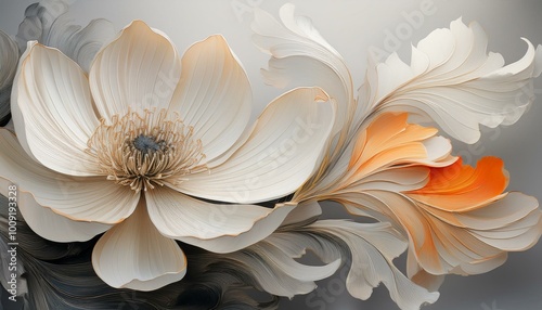 background - close-up of a stylized white flower with elongated petals on a soft gray background. The petals are gracefully curved, creating a sense of movement and elegance.