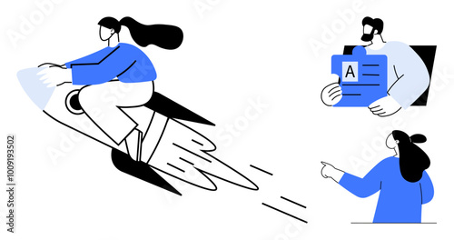 Person flying on a rocket symbolizes rapid growth, another holding a document signifies strategy, and a third pointing indicates direction. Ideal for business, success, teamwork, innovation