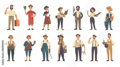 Set of characters of men and women of various professions. People working in various fields of work
