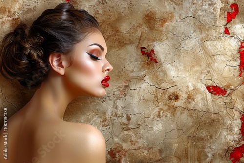 Elegant portrait of a woman with a sophisticated hairstyle and glamorous makeup posing against a textured, weathered wall with red accents photo