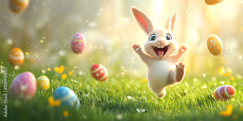 Happy Bunny Jumping Among Easter Eggs in Meadow

