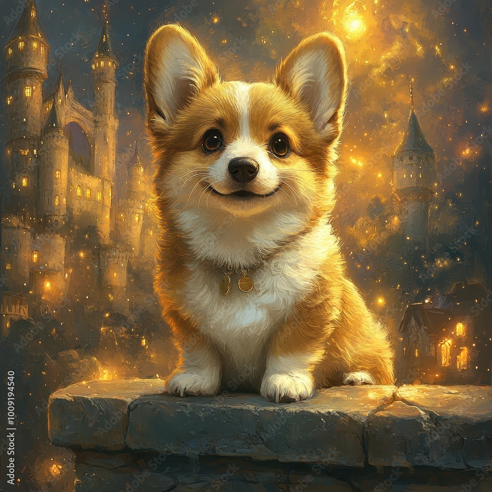 Obraz premium A happy corgi sits on a stone ledge with a magical castle in the background.