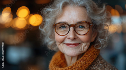 An elderly woman with curly gray hair smiles warmly while wearing glasses and a cozy scarf, surrounded by a softly lit cafe atmosphere