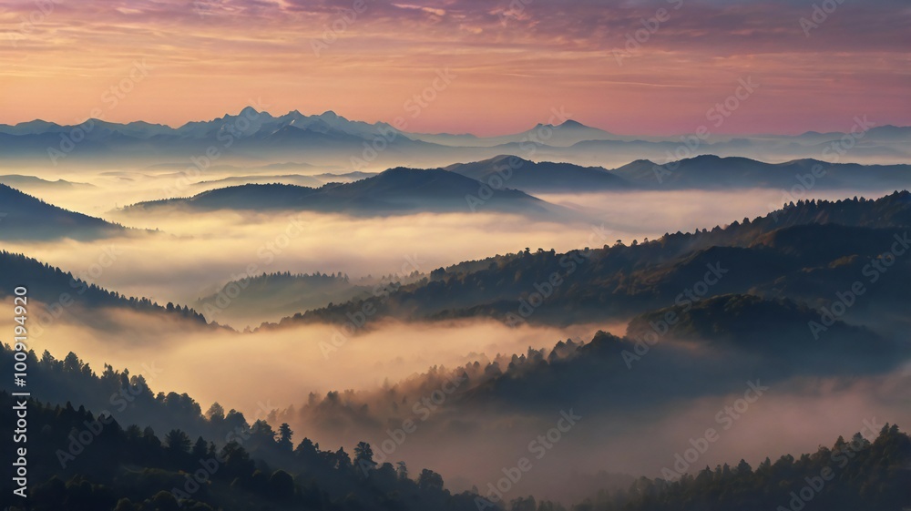 Misty fog in the forest, trees, mountains. Fog in nature. winter morning. Misty fog in the forest, trees, mountains. Fog in nature. winter morning.