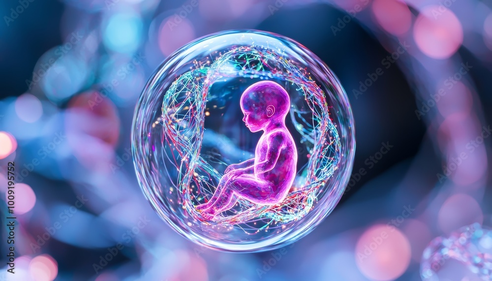 A 3D fetus suspended in a glassy, transparent sphere, encased by a glowing DNA double helix with vibrant, colorful strands weaving through the space around the bubble. A 3D fetus suspended in a glassy, transparent sphere, encased by a glowing DNA double helix with vibrant, colorful strands weaving through the space around the bubble.