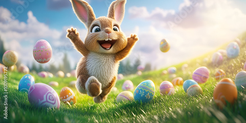 Happy Bunny Jumping Among Easter Eggs in Meadow

