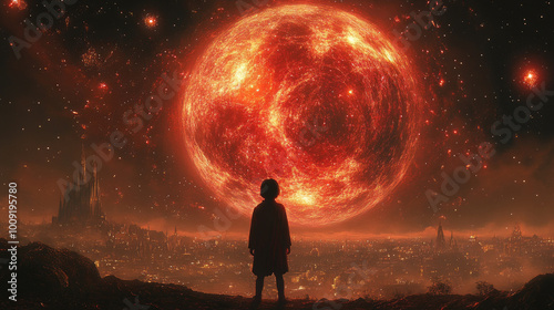 A child stands on a hill observing a huge fiery planet illuminating a distant city under a starlit sky during the night