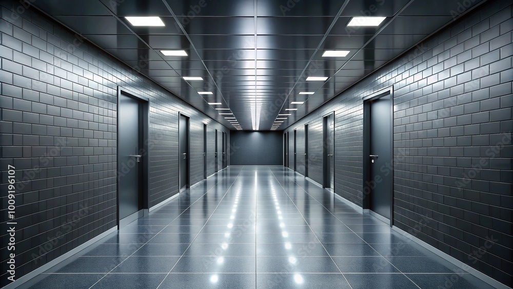 Empty hallway with black tile floor creating leading lines Empty hallway with black tile floor creating leading lines