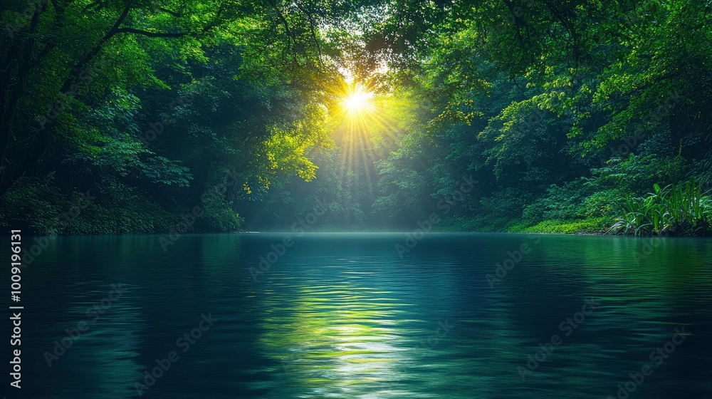 Obraz premium Serene Forest River at Sunset