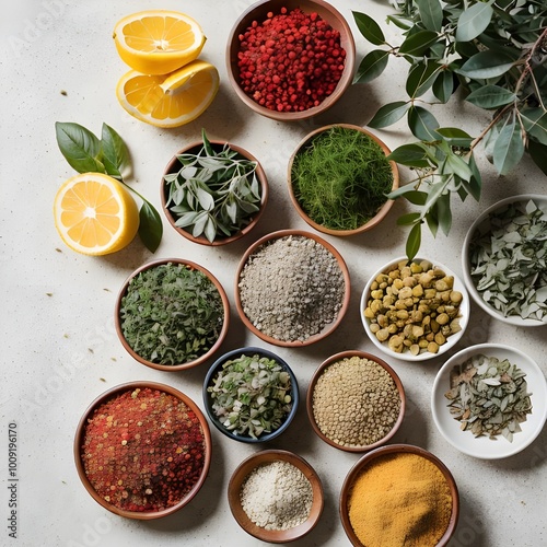 spices and herbs on white background