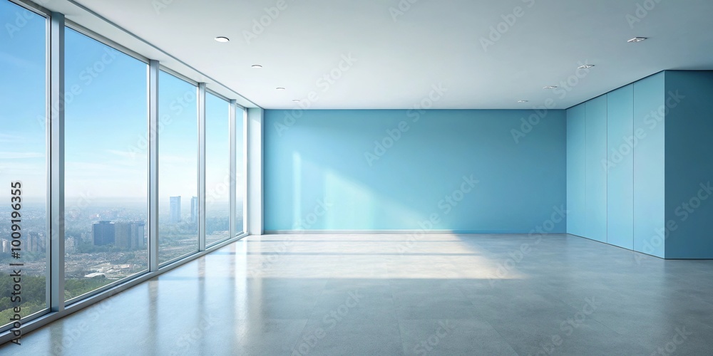 Empty light blue wall with smooth floor and interesting light glare Empty light blue wall with smooth floor and interesting light glare