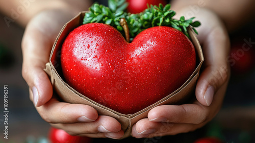 A heart-shaped red apple is cradled in hands, surrounded by fresh greenery and vibrant fruit, creating a warm and inviting display