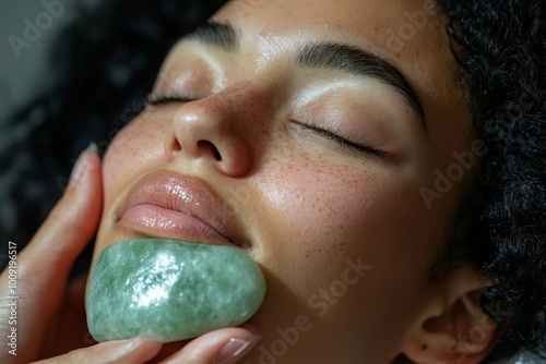 Woman using a jade stone for a facial massage at home, Generative AI