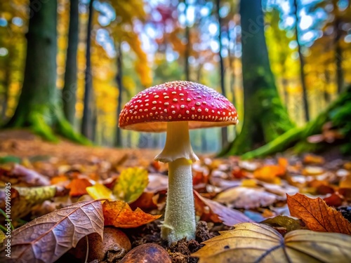 Delicate Psathyrella Mushroom Growing on Forest Floor Surrounded by Lush Greenery and Fallen Leaves photo