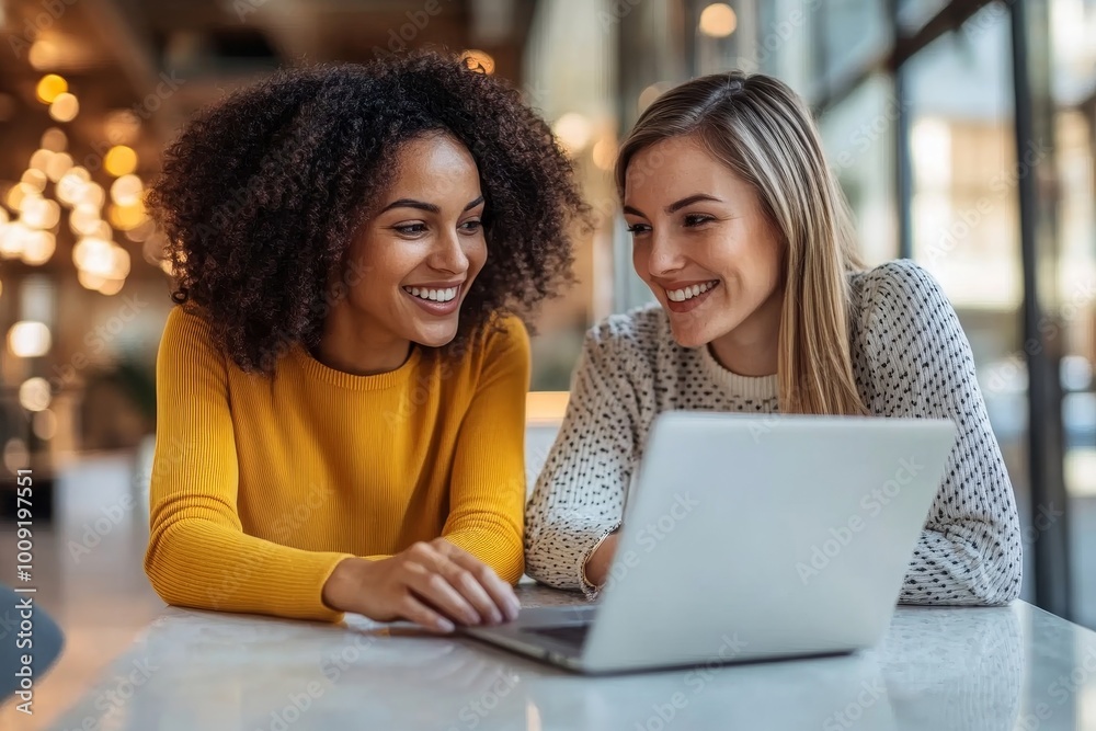 Happy young businesswomen using a laptop together in an office lobby, Generative AI Happy young businesswomen using a laptop together in an office lobby, Generative AI