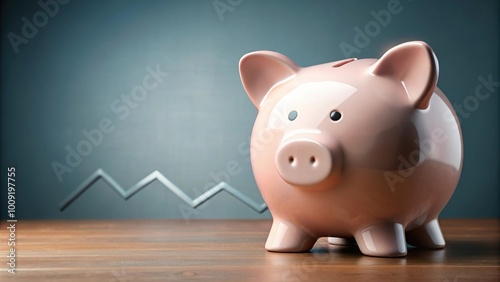 Empty piggy bank at tilted angle with rising prices backdrop, savings depletion due to inflation effect