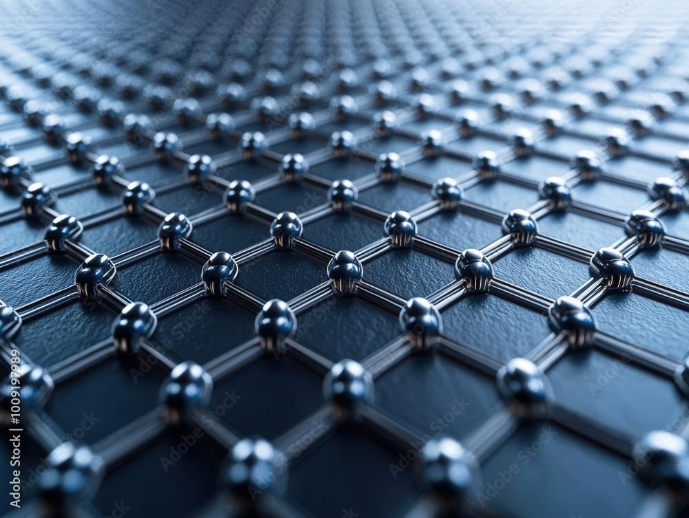 close up view of layered graphene sheet, showcasing its intricate atomic structure with metallic spheres and hexagonal patterns. This highlights unique properties of graphene, evoking sense of close up view of layered graphene sheet, showcasing its intricate atomic structure with metallic spheres and hexagonal patterns. This highlights unique properties of graphene, evoking sense of