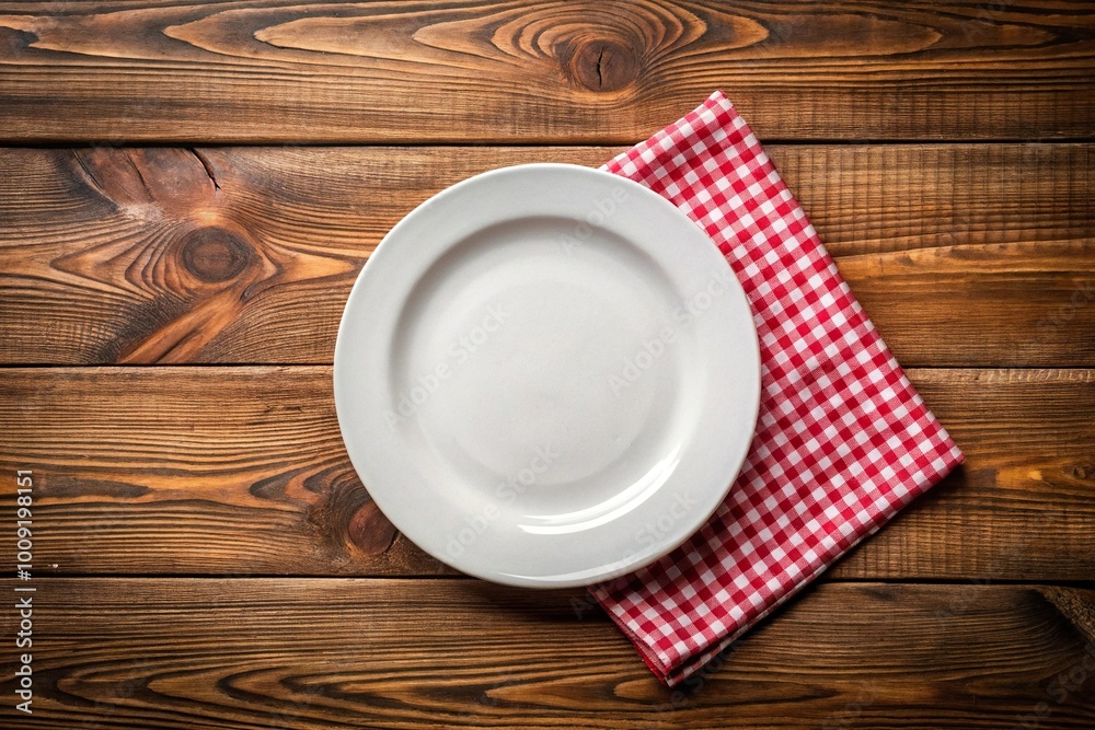 Empty plate sitting on tablecloth on wooden table Empty plate sitting on tablecloth on wooden table