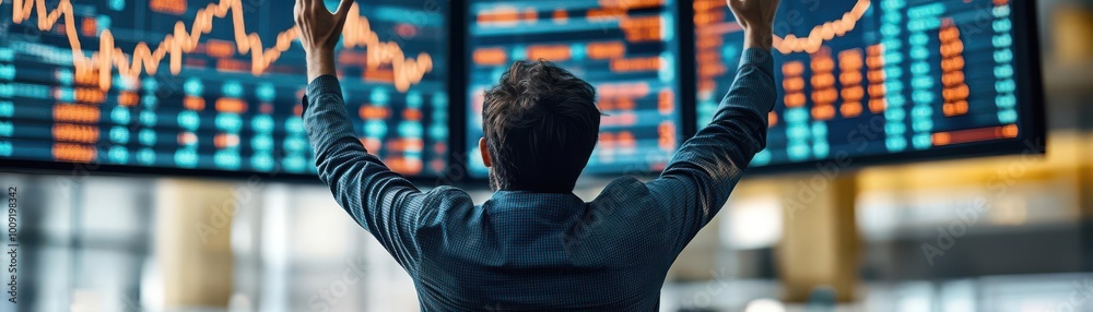 A financial trader celebrates a successful outcome in front of multiple digital screens displaying stock market data. A financial trader celebrates a successful outcome in front of multiple digital screens displaying stock market data.